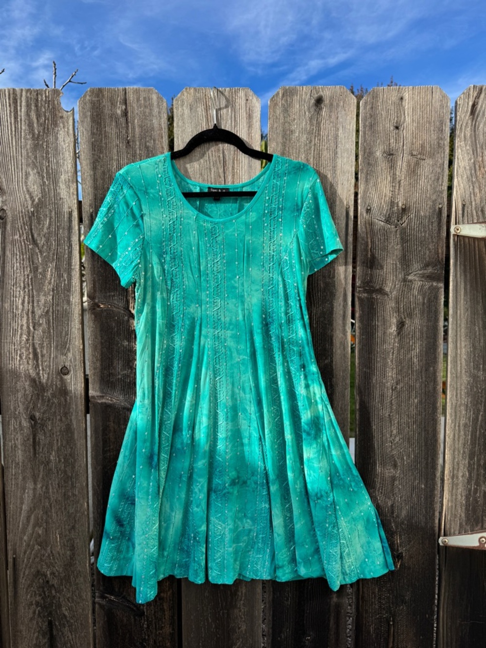 Vintage Fairy Mermaid Teal Green Sequin Hand Dyed Short-Sleeve Mini Dress